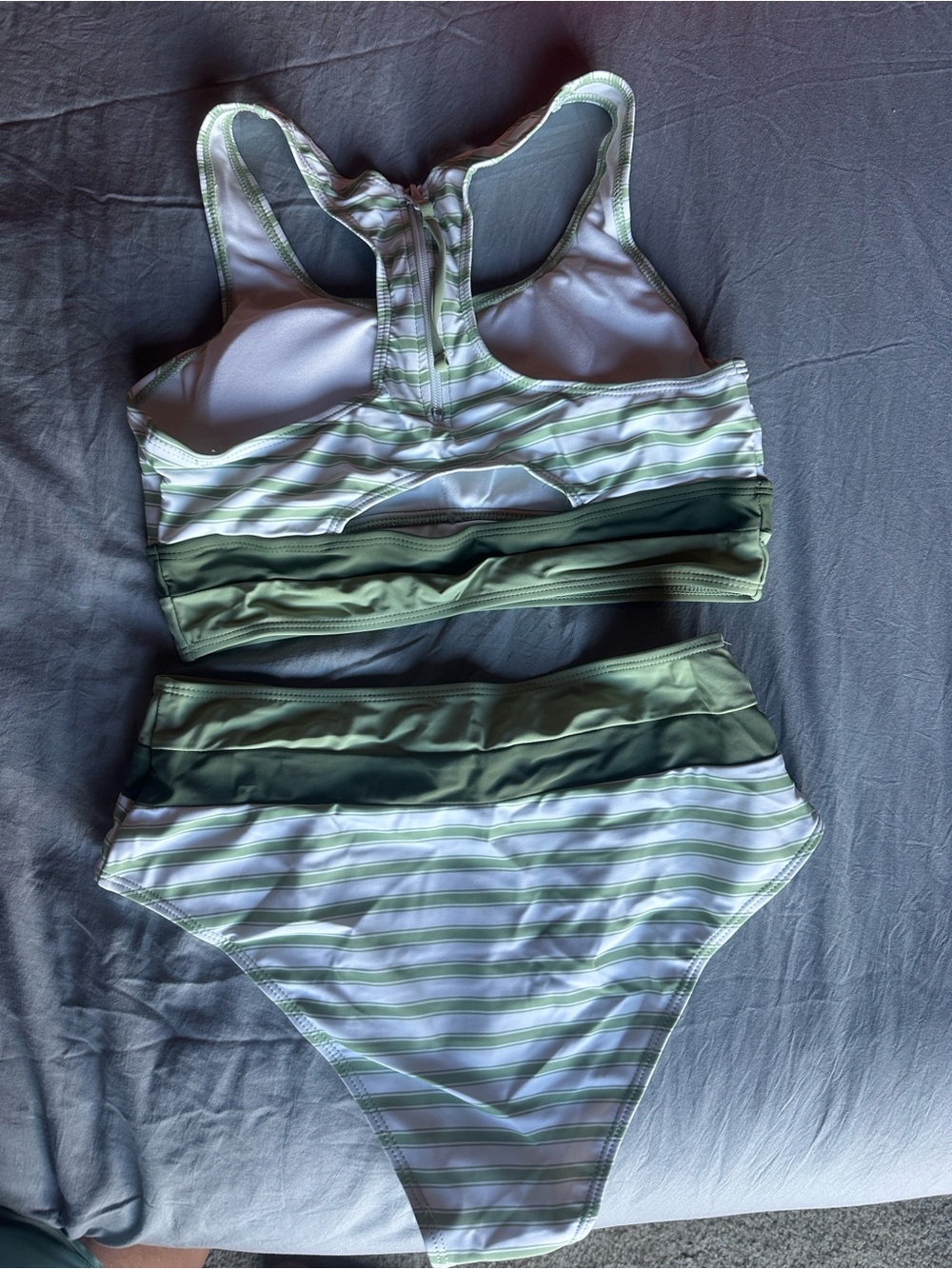 Striped Olive Green High-Waist Bikini Set